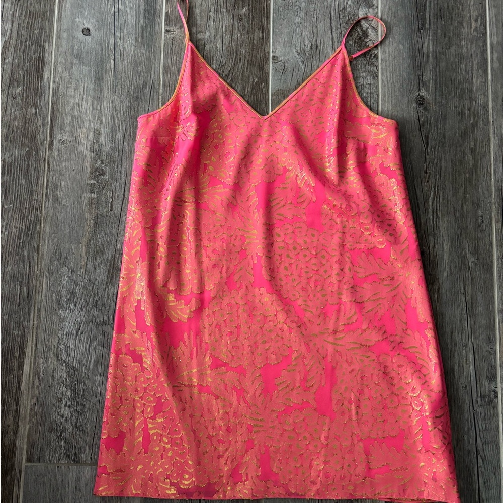 Lilly Pulitzer coral and gold silk cocktail dress